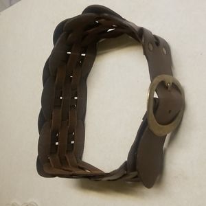 BCBGMaxAzria brown leather belt chunky braid woven cottage brass buckle  M 32"
